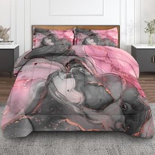 Gray Pink Marble Comforter Set King Size, Natural Luxury Golden Abstract Soft...