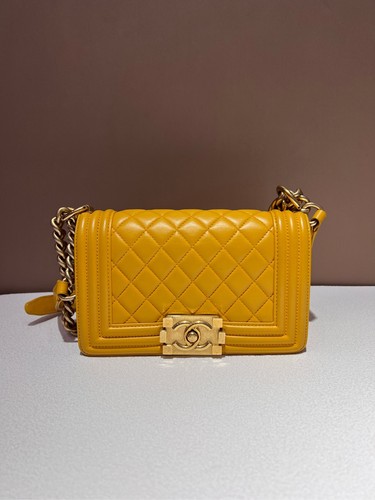 AUTH Chanel Boy Yellow Quilted Calfskin Leather Gold Hardware Shoulder Bag