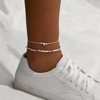 FußKettchen Set 2-Teilig Seestern-AnhäNger Perlen Weiß TüRkis Strand Schmuck