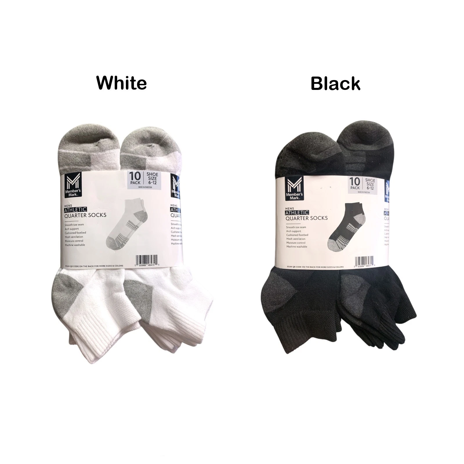 Member's Mark Mens Athletic Quarter Sock, 10-Pack, Shoe Size 6-12