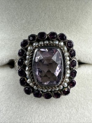 Vintage Antique Amethyst & Pearl Ring Size 6 Unknown Metal Untested *READ*