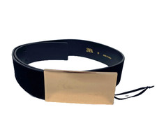 ZARA Women's Velvet Lined Black Leather Belt Gold Buckle 80cm/30 Inches US