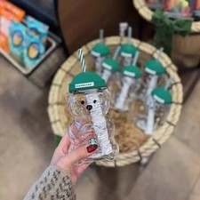 Limited Edition Starbucks Barista Bear Cup Glass Cup With Straw Cute Xmas gift