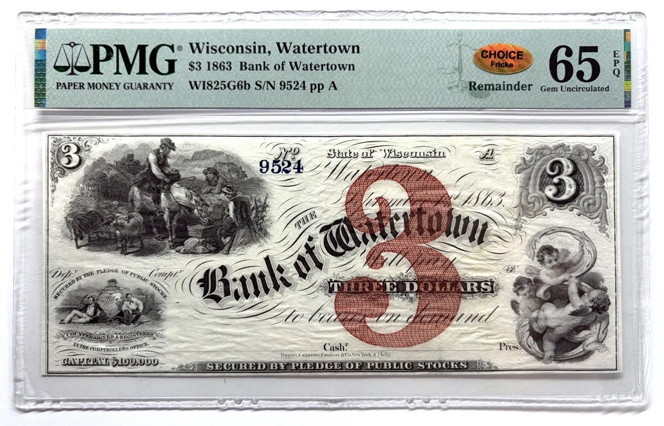 1863 $3 The Bank of Watertown, WISCONSIN Note - CIVIL WAR Era PMG Gem 65 EPQ - Image 3 of 4