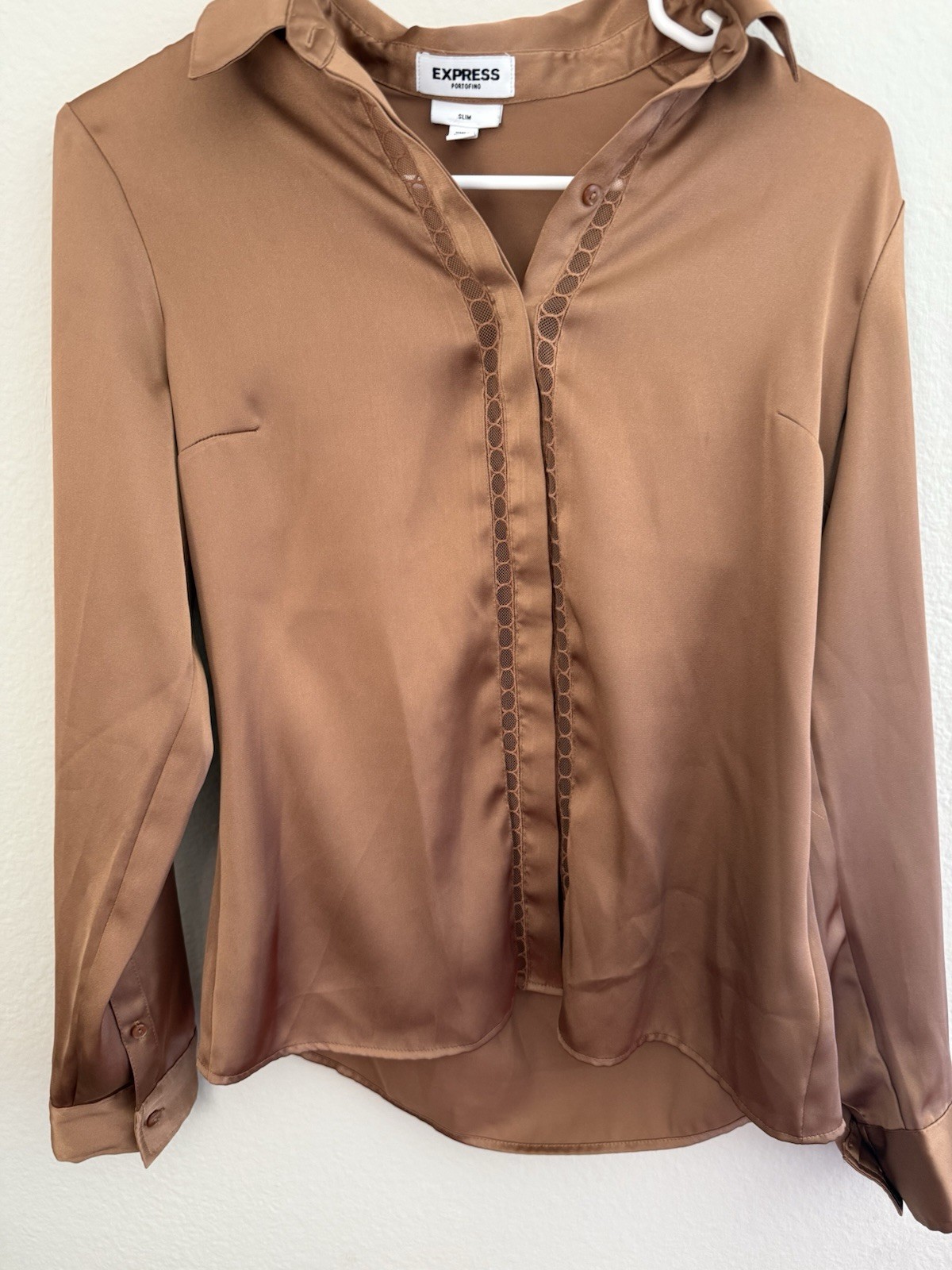 Express Solid Collared Button Long Sleeve Slim Br… - image 2