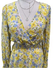 GB Gianni Bini Women's Dress Yellow Blue Floral V-Neck Elastic Waist Lined Sz XL