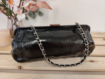 JASPER CONRAN SCHWARZ HANDTASCHE KETTENRIEMEN DAMEN LACKLEDER CLUTCH PARTY GELDBEUTEL
