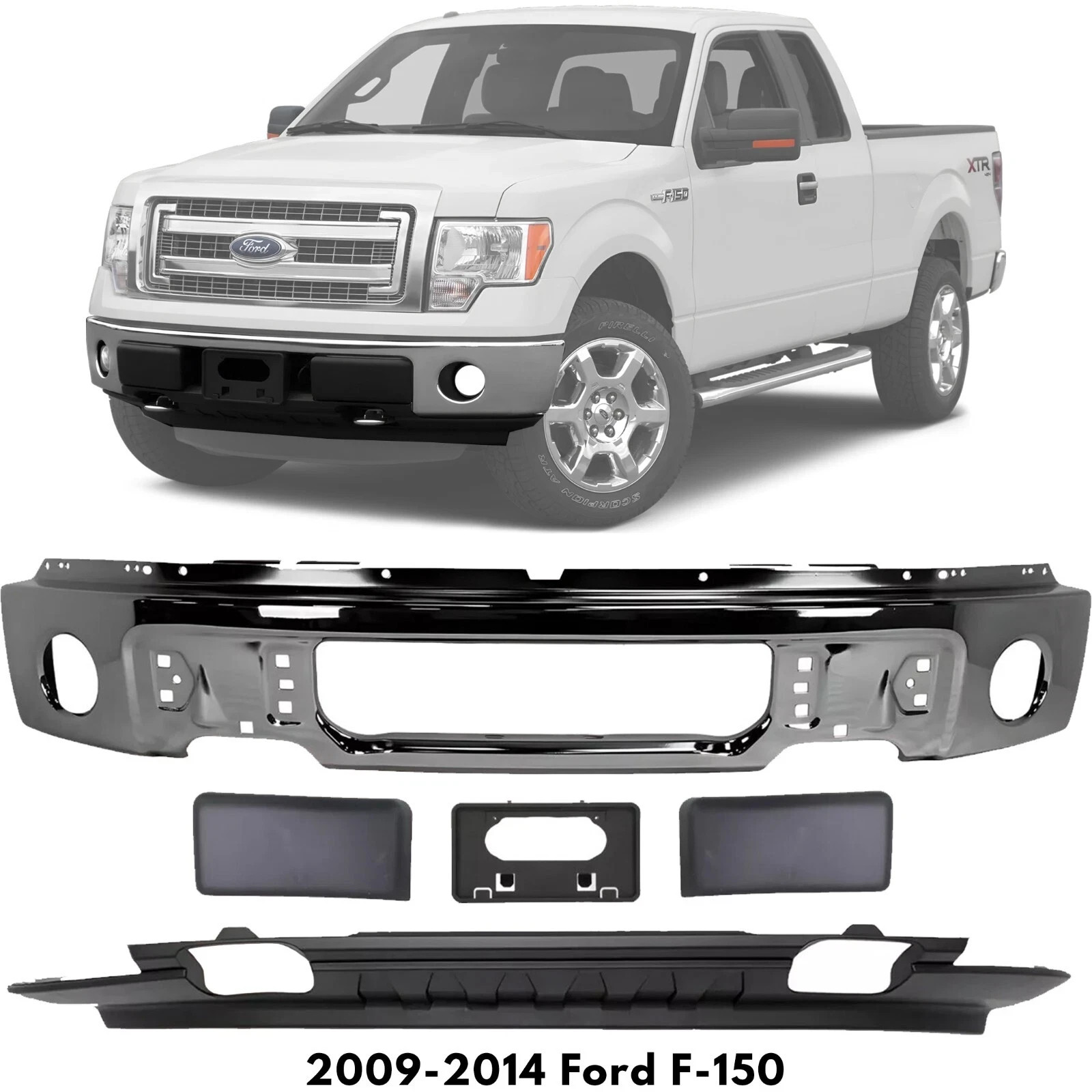 Front Bumper Chrome Steel & Valance Textured Black Kit For 2009-2014 Ford F-150