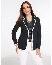 Ann Taylor Blazer Jacket Size 12 Black White Trim 3/4 Sleeve Front Pockets