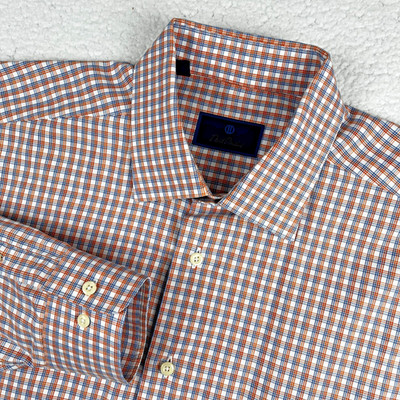 DAVID DONAHUE Button Up Dress Shirt Men 17.5 34/35 Orange Blue Check Long Sleeve