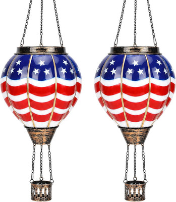 2 Pcs Hot Air Balloon Solar Lantern for Patriotic Outdoor Garden Decor, 4Th of J
