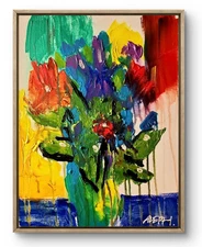 Original Art Drip Flowers 14x11 Unique Abstract Expressionism Wall Art Canvas