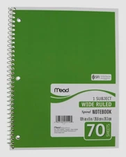 Mead Spiral NOTEBOOK Paper Pad Wide Ruled 3 Hole ASSORTED COLORS 8"x10.5" 70 sht