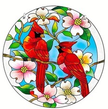 Male Red Cardinals Suncatcher - Stained Acrylic Window Hanging  Chain
