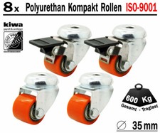 Polyurethan Schwerlast Rückenloch Lenk Rollen 8 x Ø 35mm Traglast 800 Kg / Br-Le