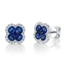 Blue Sapphire Diamond Clover Earrings 14K White Gold Stud Natural 2.64 CTW