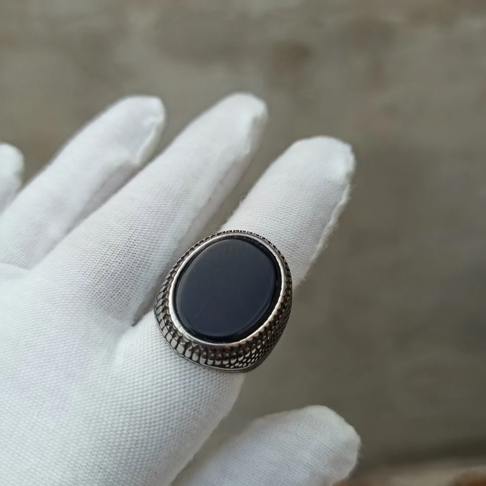 Anillo Hombre Ónix Negro Macizo Tono Plata Vintage Regalo Retro Oxidado Ovalado 9.5 Foto 4 de 4