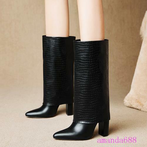 Ladies Fold-over Mid-calf Pull on Boots Block High Heels Party Boots Dress Shoes - Foto 5 di 14