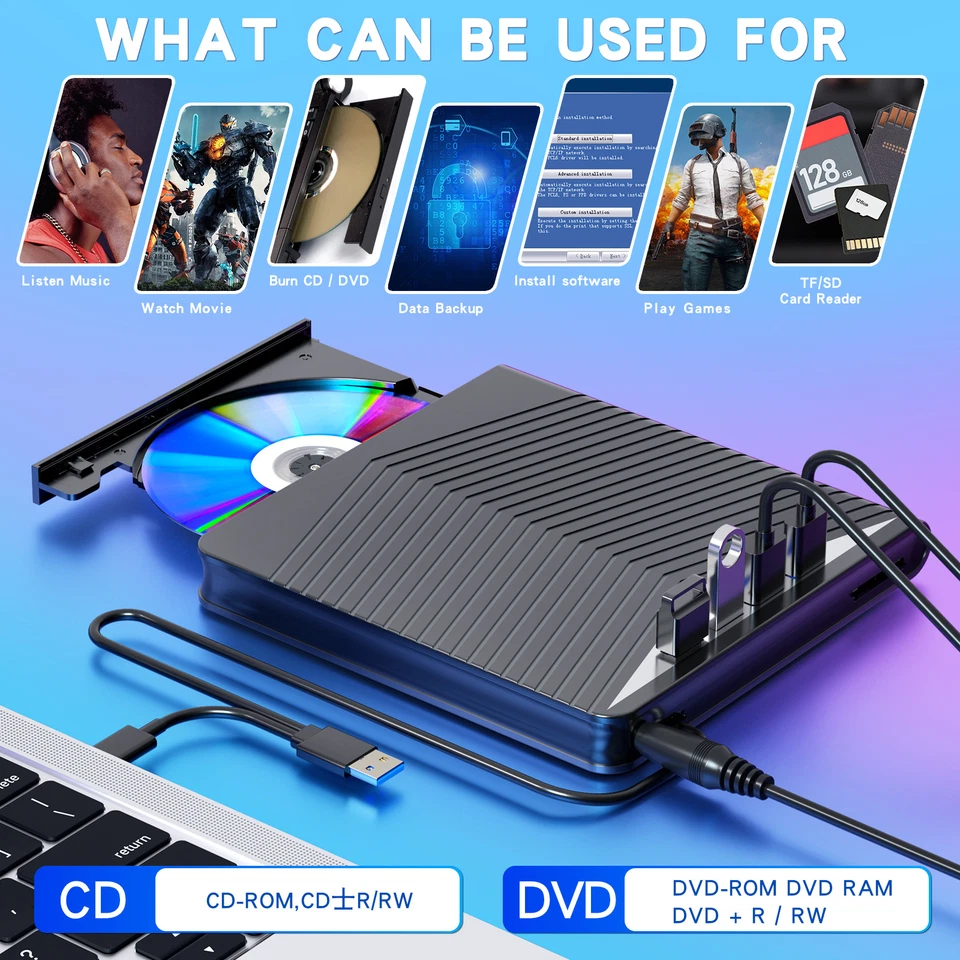 External CD DVD Drive for PC Laptop Windows 11 10 USB 3.0 Burner Reader Writer - Image 4 of 4