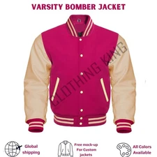 Letterman College Varsity  Hot Pink Wool & Genuine Cream Leather Sleeve Jacket