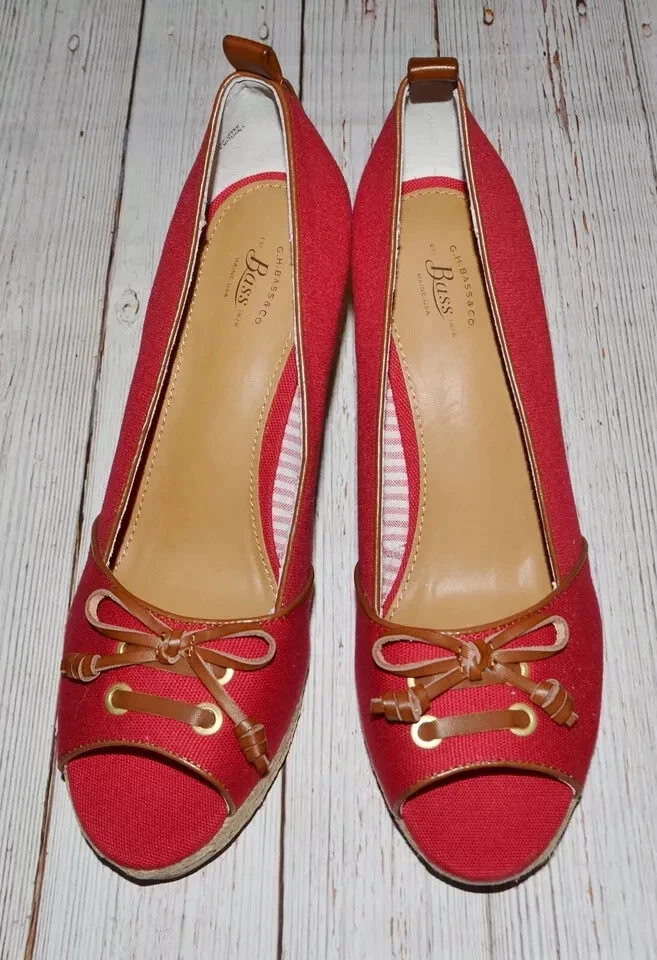 NEW G.H. Bass ~Annie~ $114 Red Canvas Peep Toe Espadrille Wedge Shoes Sz. 9.5 M - Imagem 2 de 3