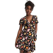 Miss Selfridge Frill Ruffle Wrap Mini Tea Dress Retro Floral Black Size 4
