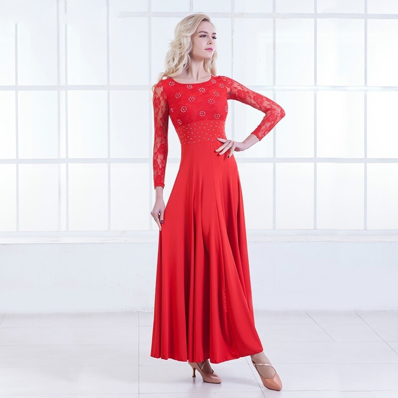 Ladies Solid Dancewear Swing Waltz Modern Tango Lace Dance Dress Perform Elegant