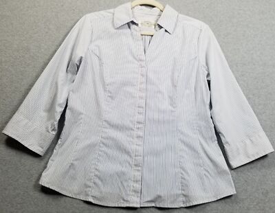 Lee Riders Button Up Shirt Women s Medium M Blue White Striped ¾ Sleeve Slimming