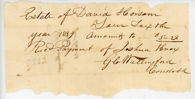 1839 Tax Receipt David Horsam Signed Constable G.L. Wallingford Berwick Maine