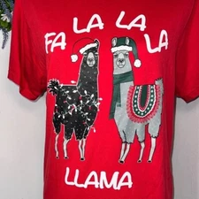 Unisex XL, Red Holiday graphic T-shirt fa la la la llama,