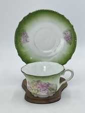 Vintage Royal Bavarian China PMB Germany Teacup and Saucer Green Pink Floral