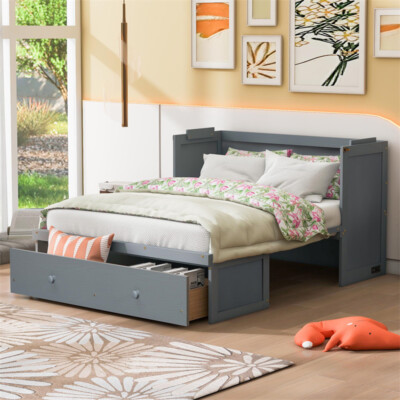 Full Size Murphy Bed w/USB Port &Storage Drawer Wood Murphy Cabinet Bed Gray