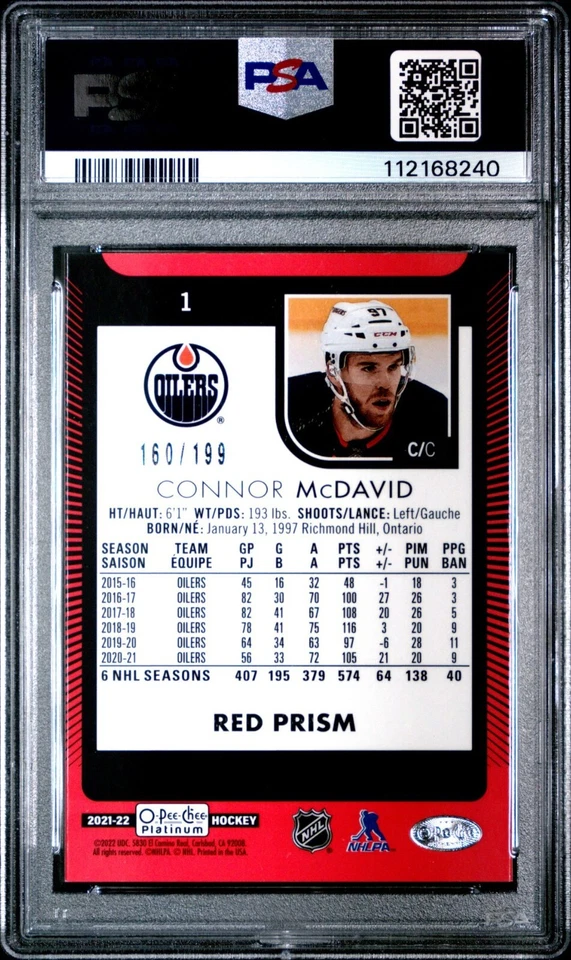 2021-22 O-Pee-Chee Platinum Red Prism Connor McDavid #1 PSA 10 GEMA Edmonton/199 Foto 2 de 2