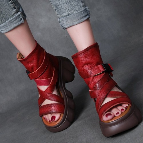 Thick Sole Ankle Boots Women Genuine Leather Gladiator Sandals Platform Creepers - Picture 2 of 10