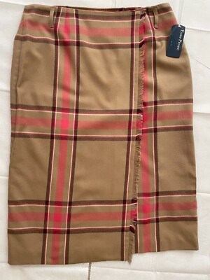 Womens Faux Wrap Tan/Cognac Plaid Skirt, size 18 w/Matching