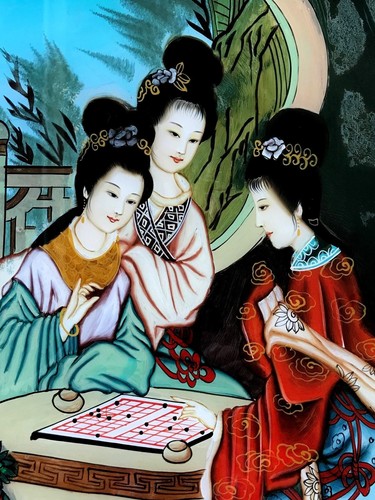 Large Vintage Chinese Reverse Painting on Glass Frame Court Ladies Playing Chess - Picture 4 of 12