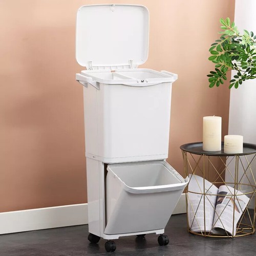 Kitchen Rubbish Waste Bin Recycling Dual Multi Compartment Dustbins with Wheels - Picture 3 of 9