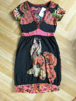 Robe DESIGUAL Neuve Rouge Noire Et Rose Fuchsia - Taille S/36, Coton, Manches Courtes, Style Moulant