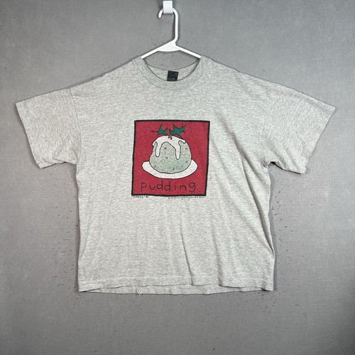 Vintage 90s Pudding Foody Art T Shirt Adult XL Gray Mens