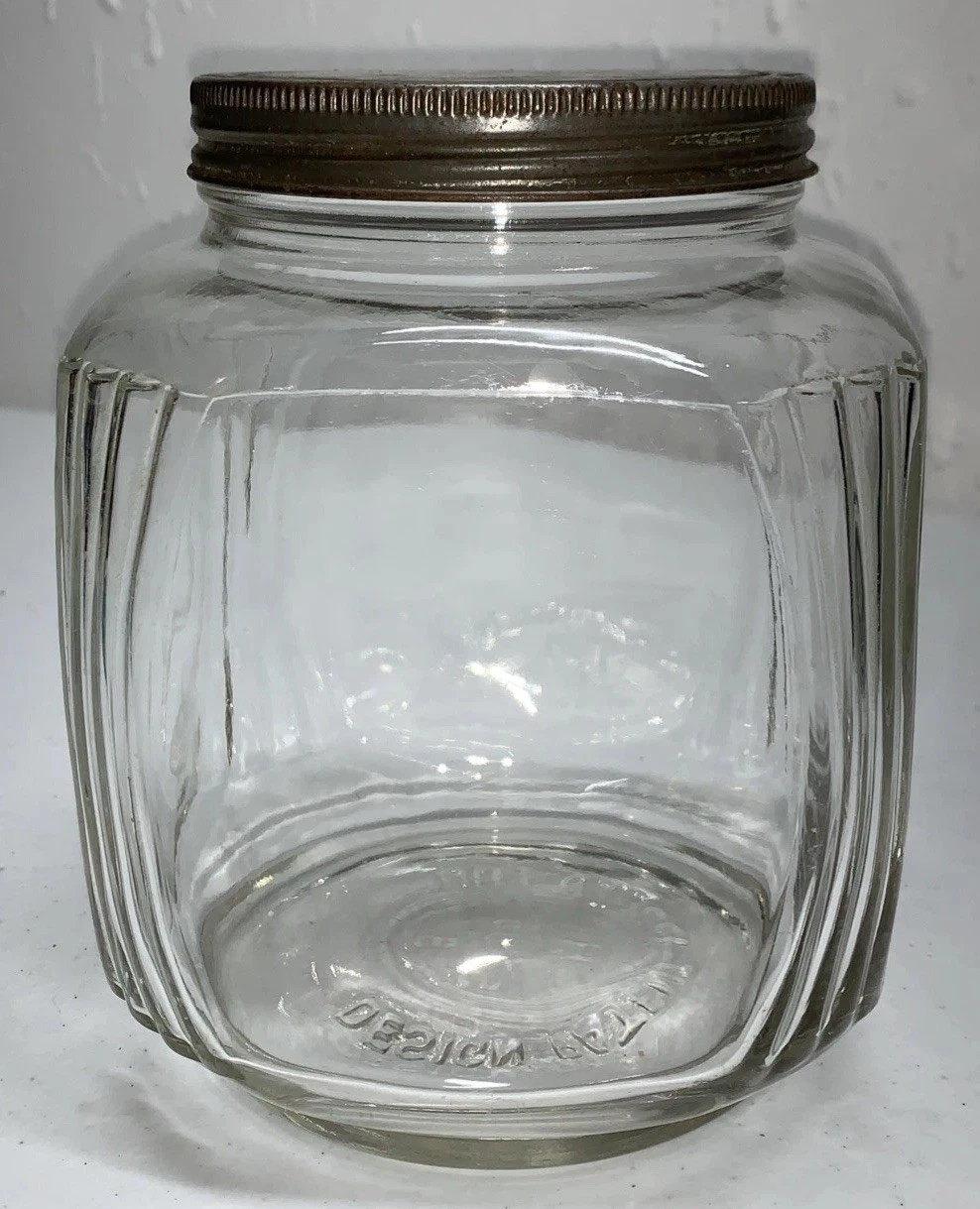 Vtg Glass Canister Jar Tin Lid Storage Cookie Jar Hazel Atlas Hoosier Ribbed