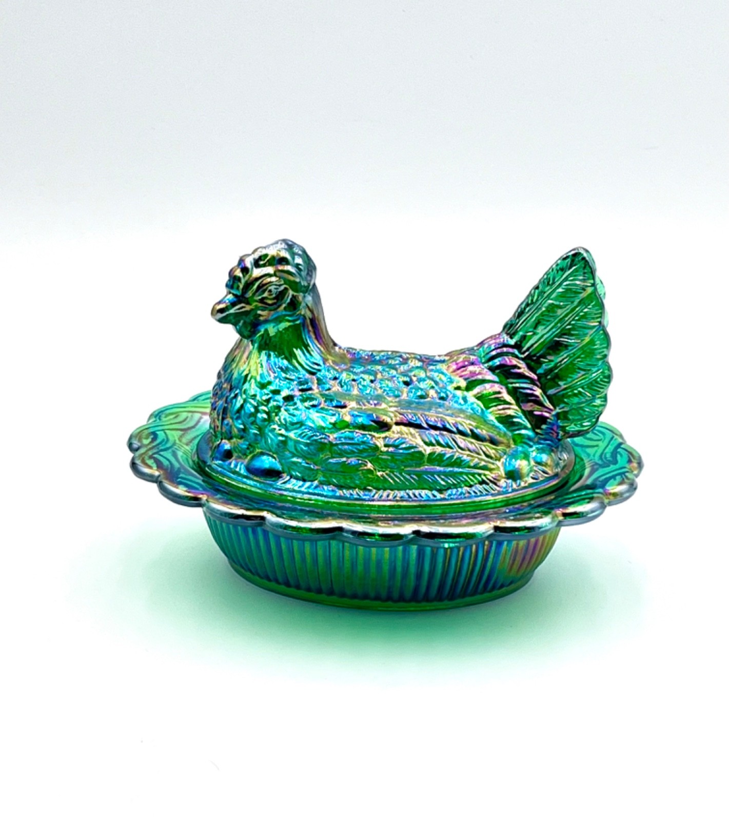 Mosser Hen on Nest HUNTER GREEN CARNIVAL6 1/2" Glass Marked Mosser FREE SHIP