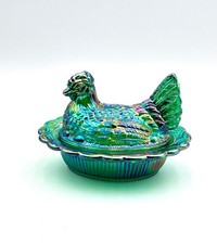 Mosser Hen on Nest HUNTER GREEN CARNIVAL6 1/2" Vidrio Marcado Mosser ENVÍO GRATUITO