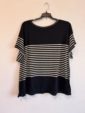 Max Studio Women's Black White Striped Short Sleeve Boat Neck Blouse Knit 2X