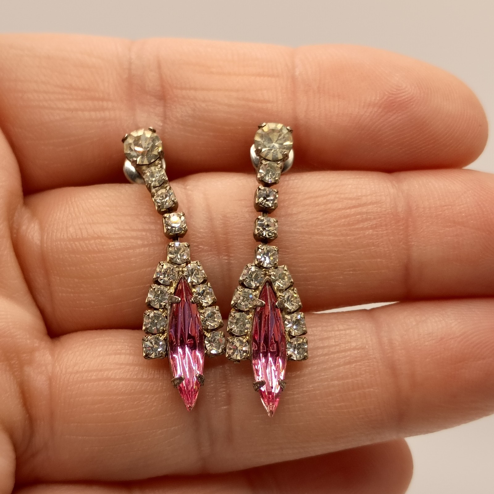 Vintage Rhinestone Drop Earrings Pink Marquise Silver Tone Bridal Prom