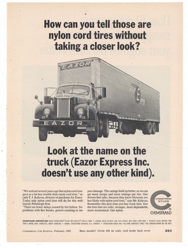 1962 Chemstrand Nylon Cord Tires Ad: Eazor Express Trucking Tractor Trailer pic