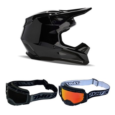 Fox V1 Solid MX Helmet Combo Black Cross Helmet with Goggles