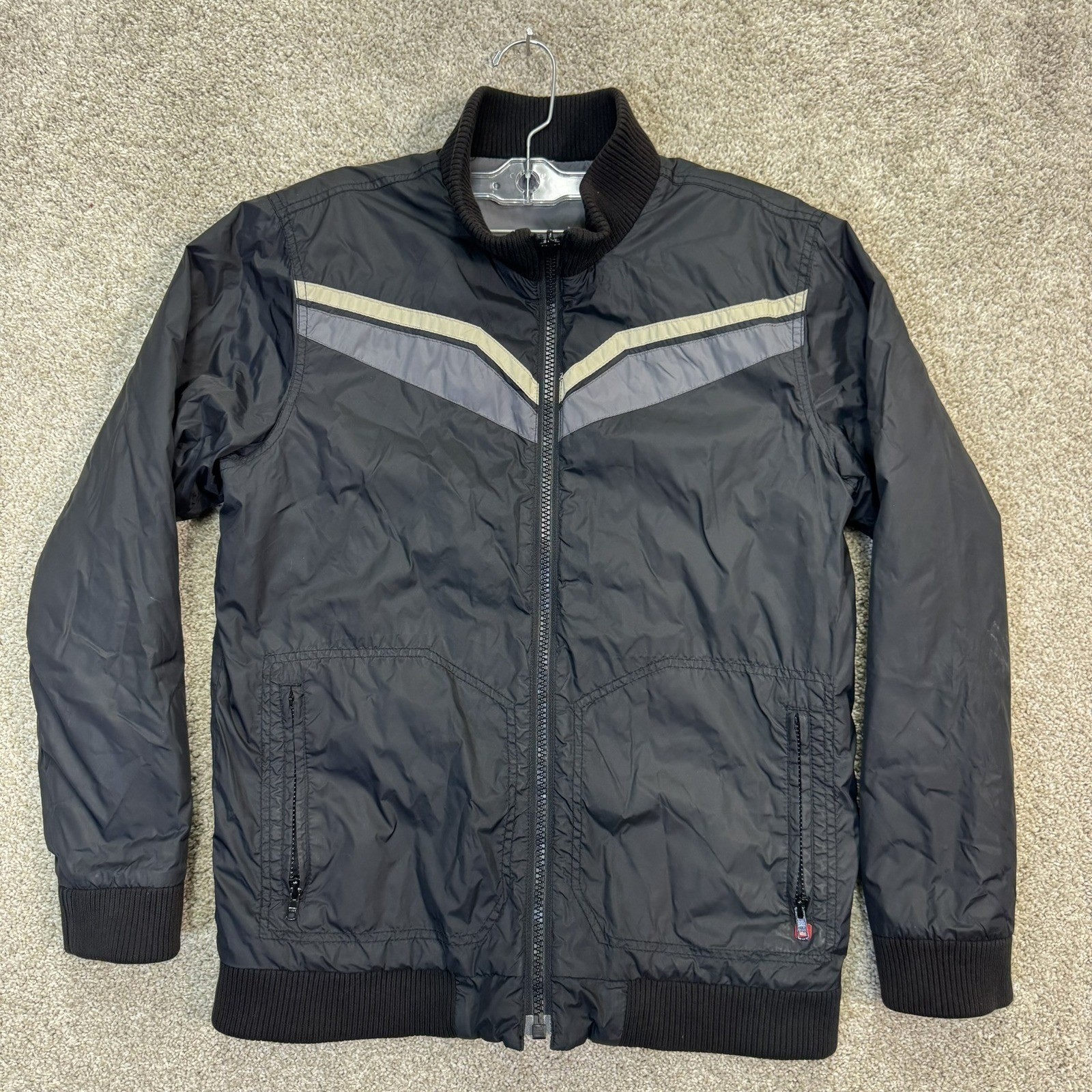 Quiksilver Bomber Jacket Mens XL Black Colorblock Chevron Full Zip Nylon Coat