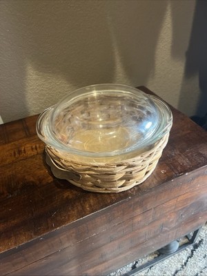 Pyrex Covered Casserole 024 Clear Glass in a Basket Made in USA 2 quart