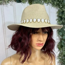Womens Boho Straw Fedora Hat Decorative Stone Band Summer Beach Sun Vacation
