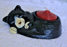 Porta Candela Gatto Bianco e Nero Qui Dorme Ghisa Con il Suo Candela Rosso